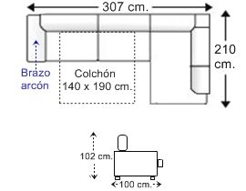 Sofá rinconera 4 plazas brazo arcón con cama apertura italiana colchón de 140 x 190 cm. izquierda