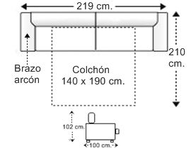 Sofá 3 plazas con cama apertura italiana y colchón de 140 x 190 cm. con 1 brazo arcón