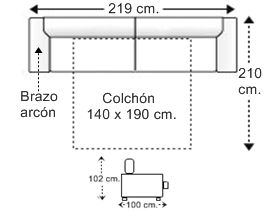 Sofá 3 plazas con cama apertura italiana y colchón de 140 x 190 cm. con 1 brazo arcón