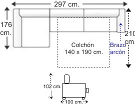 Sofá 3 plazas brazo arcón con cama apertura italiana colchón de 140 x 190 cm. y chaise longue arcón derecha