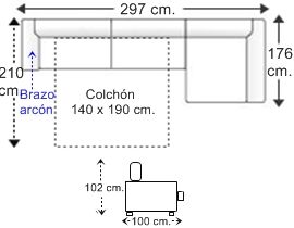 Sofá 3 plazas brazo arcón con cama apertura italiana colchón de 140 x 190 cm. y chaise longue arcón izquierda