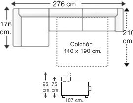 Sofá 3 plazas con cama apertura italiana colchón de 140 x 190 cm. y chaise longue arcón derecha brazos reducidos