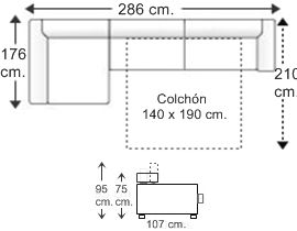 Sofá 3 plazas con cama apertura italiana colchón de 140 x 190 cm. y chaise longue arcón derecha