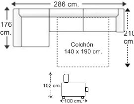 Sofá 3 plazas con cama apertura italiana colchón de 140 x 190 cm. y chaise longue arcón derecha
