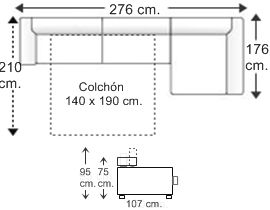 Sofá 3 plazas con cama apertura italiana colchón de 140 x 190 cm. y chaise longue arcón izquierda brazos reducidos