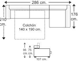 Sofá 3 plazas con cama apertura italiana colchón de 140 x 190 cm. y chaise longue arcón izquierda