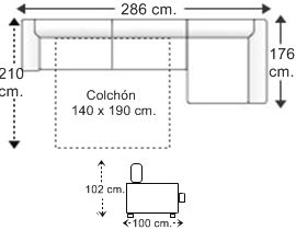 Sofá 3 plazas con cama apertura italiana colchón de 140 x 190 cm. y chaise longue arcón izquierda