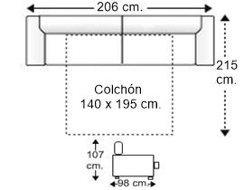 Sofá 3 plazas con cama apertura italiana y colchón de 140 x 195 cm. alto 16 cm