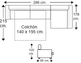 Sofá 3 plazas con cama apertura italiana colchón de 140 x 195 cm. alto 16 cm. y chaise longue arcón izquierdo