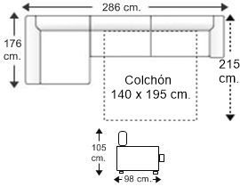 Sofá 3 plazas con cama apertura italiana colchón de 140 x 195 cm. alto 16 cm. y chaise longue arcón derecho