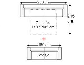 Conjunto sofá 3 plazas con cama apertura italiana y colchón de 140 x 195 cm. + sofá 2 plazas fijo