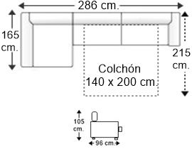 Sofá cama 3 plazas con chaise longue derecho y colchón de 140 x 200 cm