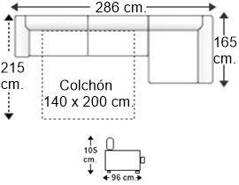 Sofá cama 3 plazas con chaise longue izquierdo y colchón de 140 x 200 cm