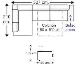 Sofá rinconera 4,5 plazas brazo arcón con cama apertura italiana colchón de 160 x 190 cm. derecha