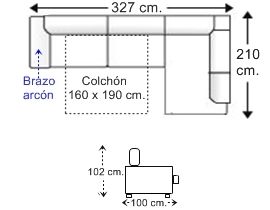 Sofá rinconera 4,5 plazas brazo arcón con cama apertura italiana colchón de 160 x 190 cm. izquierda