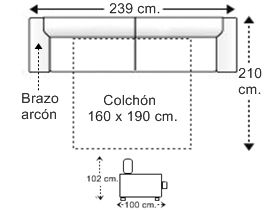 Sofá 3,5 plazas con cama apertura italiana y colchón de 160 x 190 cm. con 1 brazo arcón