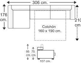 Sofá 3,5 plazas con cama apertura italiana colchón de 160 x 190 cm. y chaise longue arcón derecha brazos reducidos