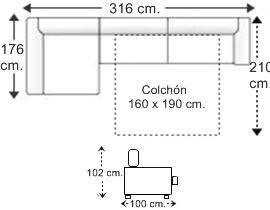 Sofá 3,5 plazas con cama apertura italiana colchón de 160 x 190 cm. y chaise longue arcón derecha