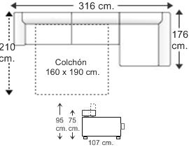 Sofá 3,5 plazas con cama apertura italiana colchón de 160 x 190 cm. y chaise longue arcón izquierda