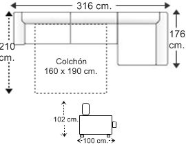 Sofá 3,5 plazas con cama apertura italiana colchón de 160 x 190 cm. y chaise longue arcón izquierda