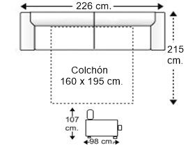 Sofá 3,5 plazas con cama apertura italiana y colchón de 160 x 195 cm. alto 16 cm