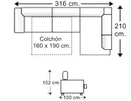 Sofá rinconera 4,5 plazas con cama apertura italiana colchón de 160 x 190 cm. izquierda