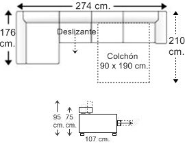 Sofá 3,5 plazas con cama apertura italiana colchón de 90 x 190 cm., asiento deslizante y chaise longue arcón dcha