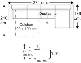 Sofá 3,5 plazas con cama apertura italiana colchón de 90 x 190 cm., asiento deslizante y chaise longue arcón izqda