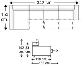 Sofá 4 plazas con 3 asientos deslizantes XL y chaise longue derecha