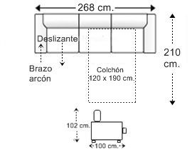 Sofá 4 plazas con cama apertura italiana colchón de 120 x 190 cm. con 1 brazo arcón y asiento deslizante derecha