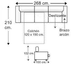 Sofá 4 plazas con cama apertura italiana colchón de 120 x 190 cm. con 1 brazo arcón y asiento deslizante izquierda