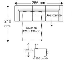 Sofá 4 plazas con cama apertura italiana colchón de 120 x 190 cm. y asiento deslizante izquierda