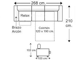 Sofá 4 plazas con cama apertura italiana colchón de 120 x 190 cm. con 1 brazo arcón y asiento relax motor derecha