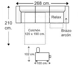 Sofá 4 plazas con cama apertura italiana colchón de 120 x 190 cm. con 1 brazo arcón y asiento relax motor izquierda
