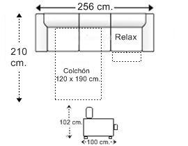 Sofá 4 plazas con cama apertura italiana colchón de 120 x 190 cm. y asiento relax motor izquierda