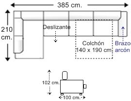 Sofá rinconera 6 plazas brazo arcón con cama apertura italiana colchón de 140 x 190 cm. y asiento deslizante derecha