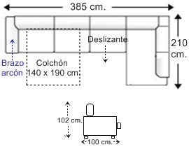 Sofá rinconera 6 plazas brazo arcón con cama apertura italiana colchón de 140 x 190 cm. y asiento deslizante izquierda