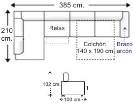 Sofá rinconera 6 plazas brazo arcón con cama apertura italiana colchón de 140 x 190 cm. y asiento relax motor derecha