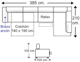 Sofá rinconera 6 plazas brazo arcón con cama apertura italiana colchón de 140 x 190 cm. y asiento relax motor izquierda
