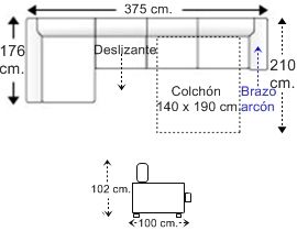 Sofá 5 plazas brazo arcón con cama apertura italiana colchón de 140 x 190 cm., asiento deslizante y chaise longue arcón derecha