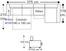 Sofá 5 plazas brazo arcón con cama apertura italiana colchón de 140 x 190 cm., asiento relax motor y chaise longue arcón izquierda