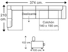 Sofá rinconera 6 plazas con cama apertura italiana colchón de 140 x 190 cm. y asiento deslizante derecha