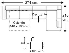 Sofá rinconera 6 plazas con cama apertura italiana colchón de 140 x 190 cm. y asiento deslizante izquierda