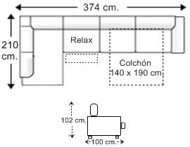 Sofá rinconera 6 plazas con cama apertura italiana colchón de 140 x 190 cm. y asiento relax motor derecha