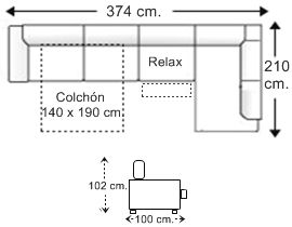 Sofá rinconera 6 plazas con cama apertura italiana colchón de 140 x 190 cm. y asiento relax motor izquierda