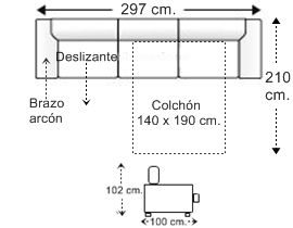 Sofá 5 plazas con cama apertura italiana colchón de 140 x 190 cm. con 1 brazo arcón y asiento deslizante derecha