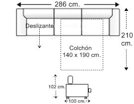 Sofá 5 plazas con cama apertura italiana colchón de 140 x 190 cm. y asiento deslizante derecha