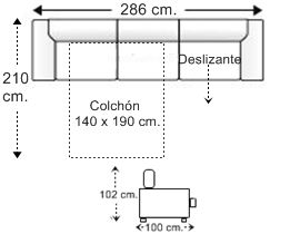 Sofá 5 plazas con cama apertura italiana colchón de 140 x 190 cm. y asiento deslizante izquierda