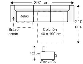 Sofá 5 plazas con cama apertura italiana colchón de 140 x 190 cm. con 1 brazo arcón y asiento relax motor derecha