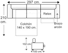 Sofá 5 plazas con cama apertura italiana colchón de 140 x 190 cm. con 1 brazo arcón y asiento relax motor izquierda